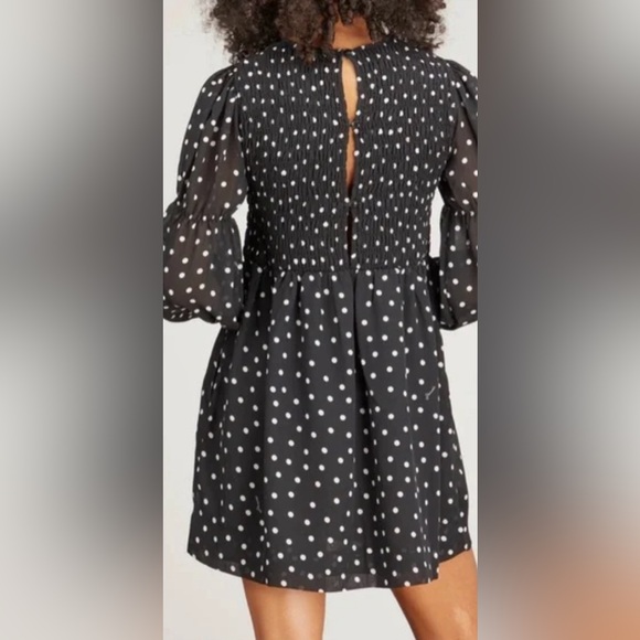 Ganni Dress 4 Mini Smocked Crepe Lined 36 Polka Dot Black White NEW - Picture 3 of 8